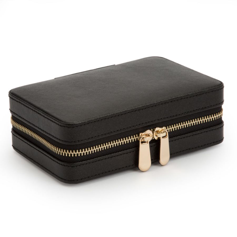 Black Leather Medium Travel Jewelry Zip Case